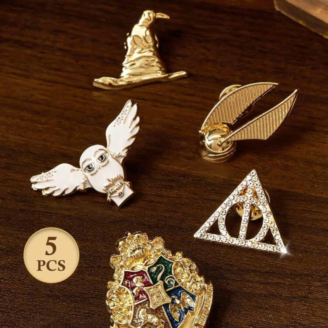 Set de 5 Pines: Hedwig. Sombrero, Snitch, Escudo y Reliquias